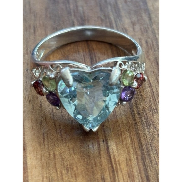 GSJ Jewelry - Vintage Heart-Shaped Blue Topaz and Multi Gem Ring in Sterling Silver, Size 9
